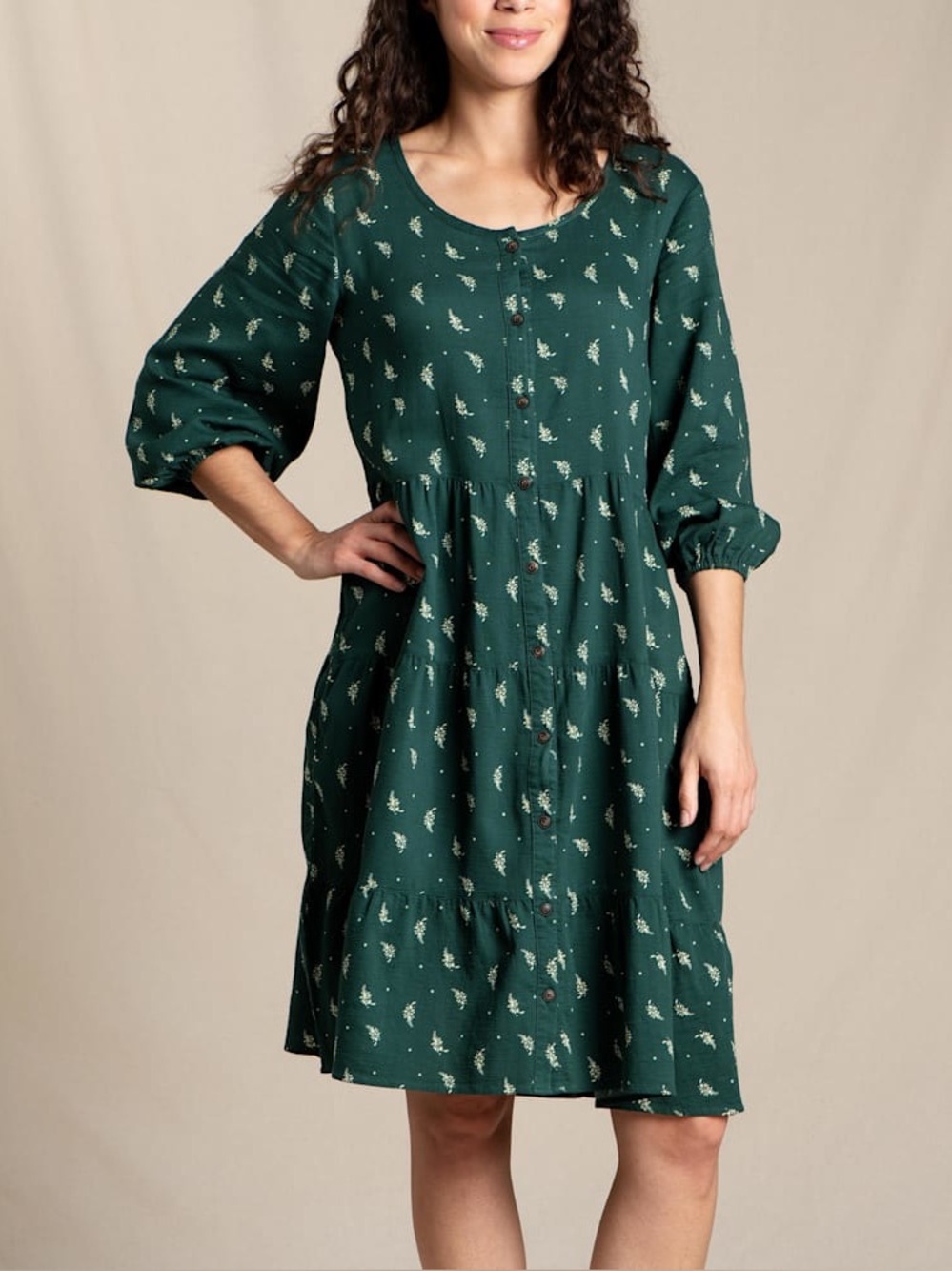 Toad&Co Manzana Tiered Dress, Organic Cotton, Green Floral,  Long Sleeve, Size M